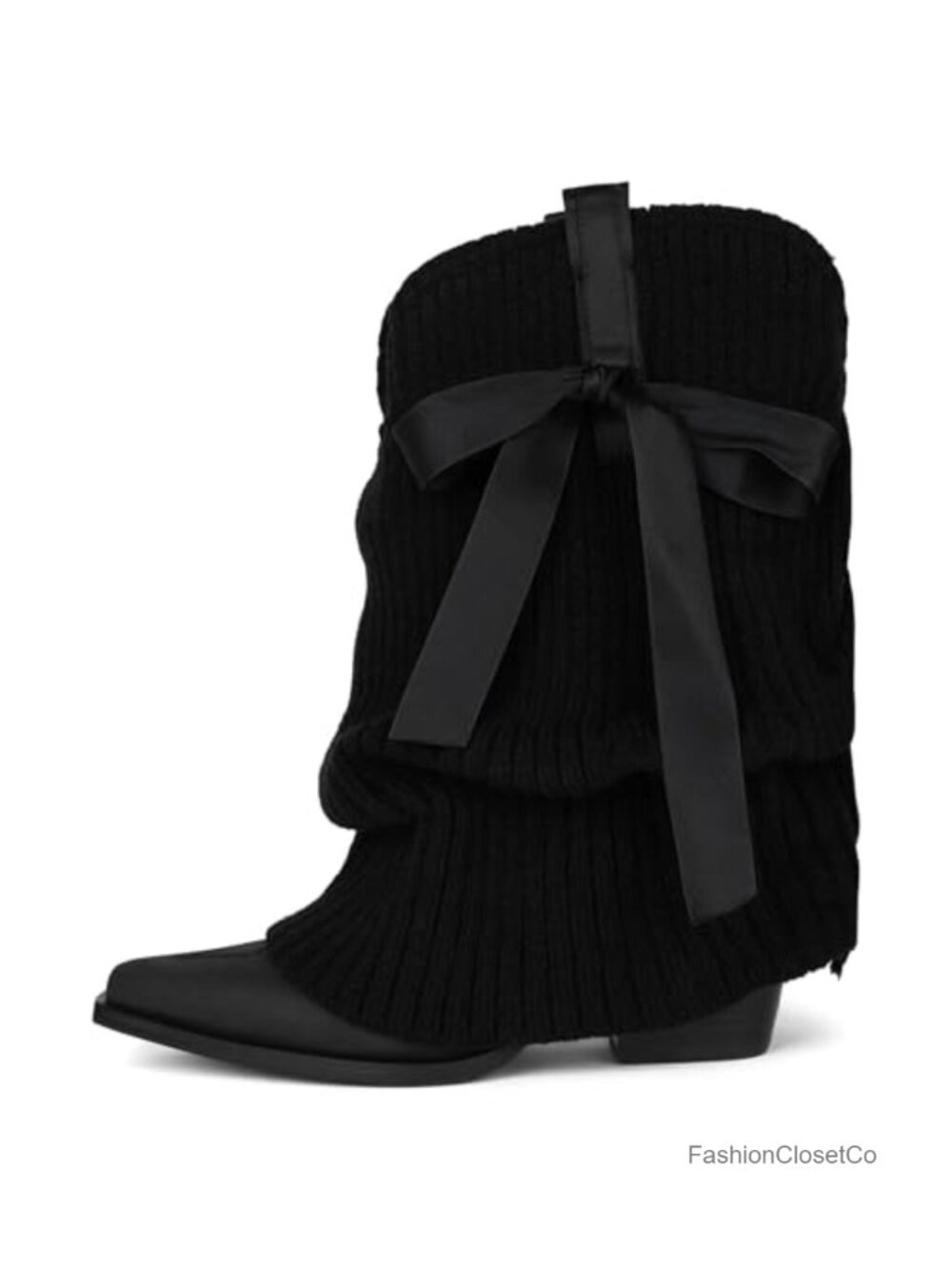 Knitted Cowgirl Boots Slouch Western Mid Calf Fold Over Chunky Heel Pull On